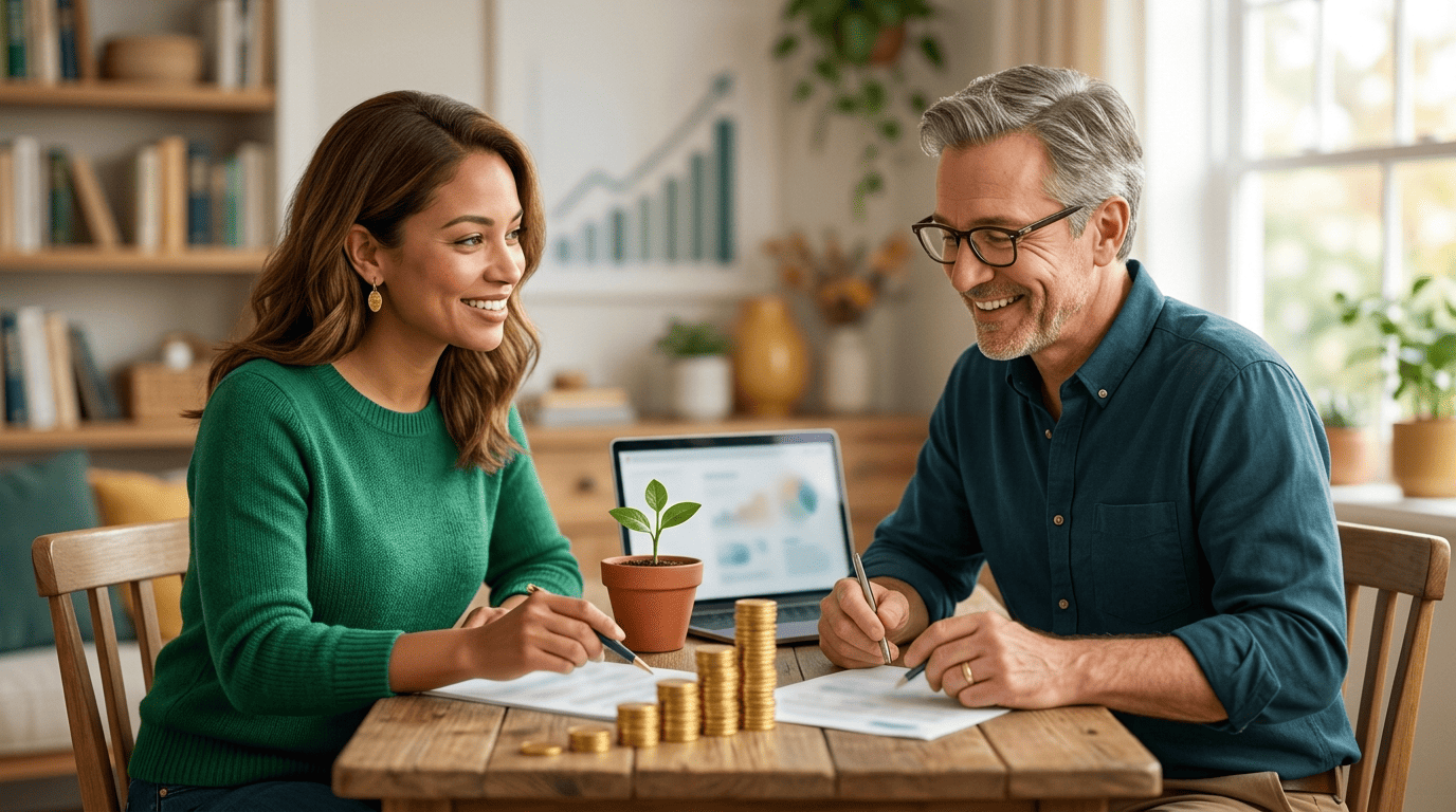 A finance coach guiding a client through a retirement savings plan at a home table with coin stacks and a plant sprout