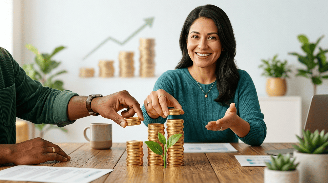 Two hands adding equal stacks of gold coins to a shared pile, illustrating an employer 401(k) match