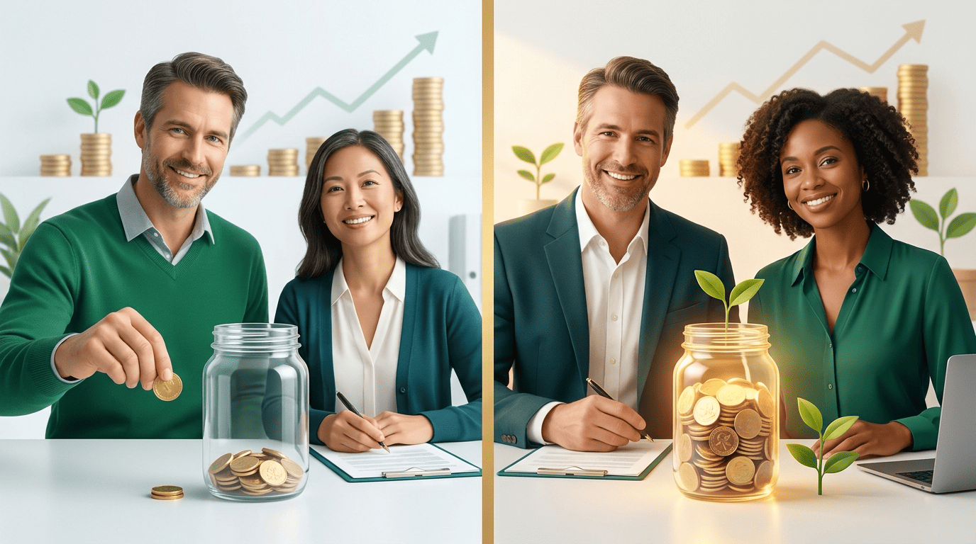 Split-scene comparison of two savings jars representing paying tax now versus paying tax later