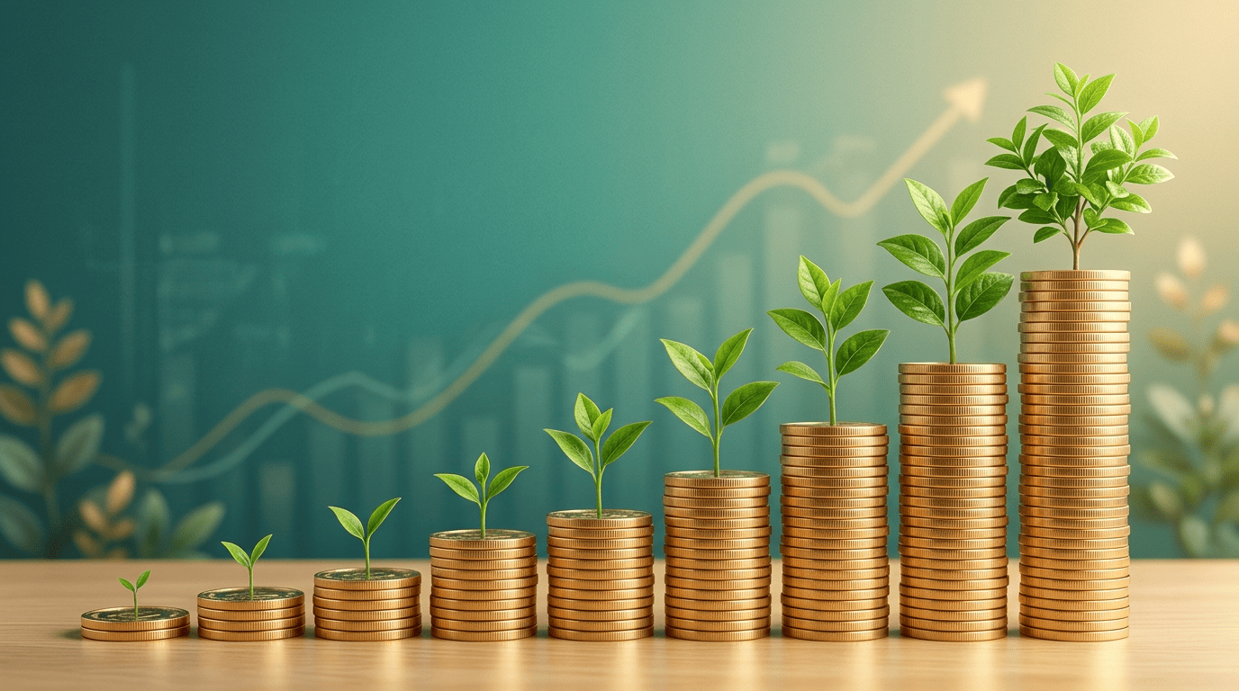 Rising stacks of gold coins topped with growing plant sprouts forming an upward growth curve over time