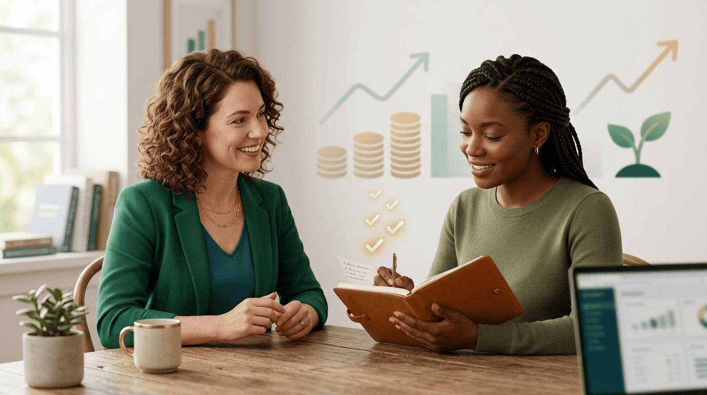 A finance mentor and client preparing a checklist of questions to bring to a licensed advisor