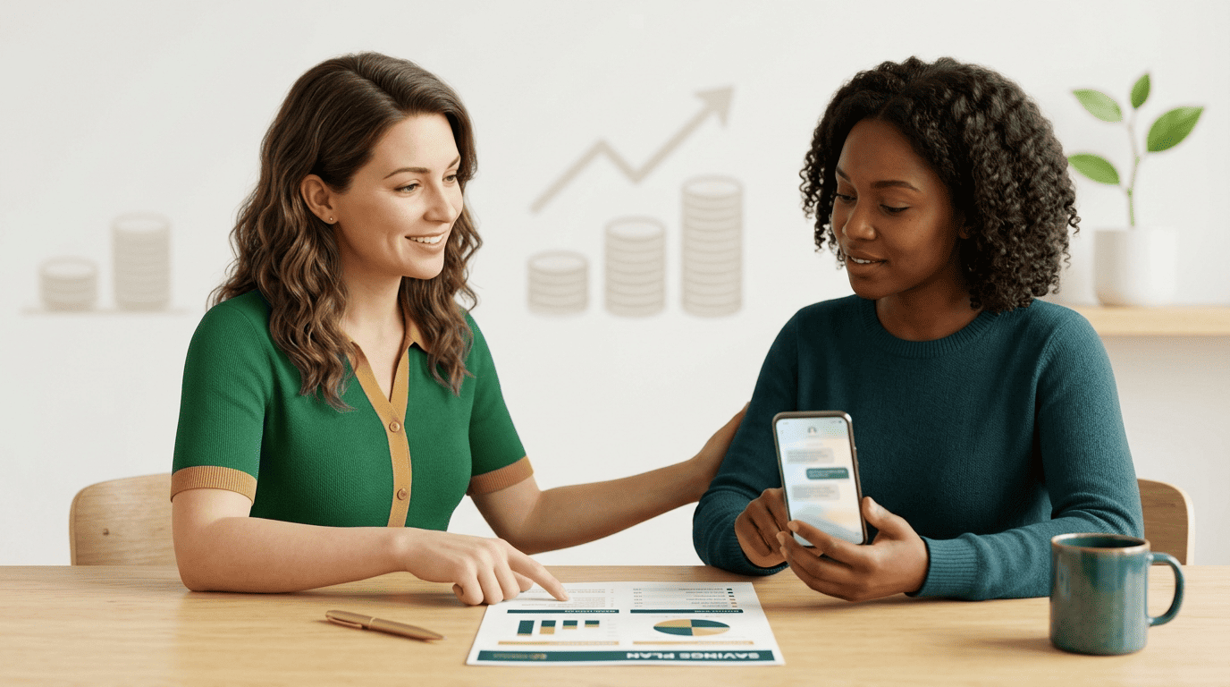 A finance coach helps a client double-check an AI answer shown on her phone