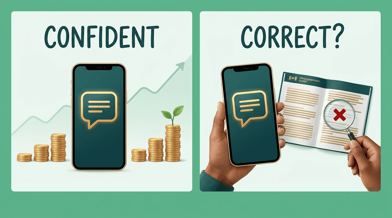 Split image contrasting a confident AI reply on the left with a fact-checked, verified one on the right