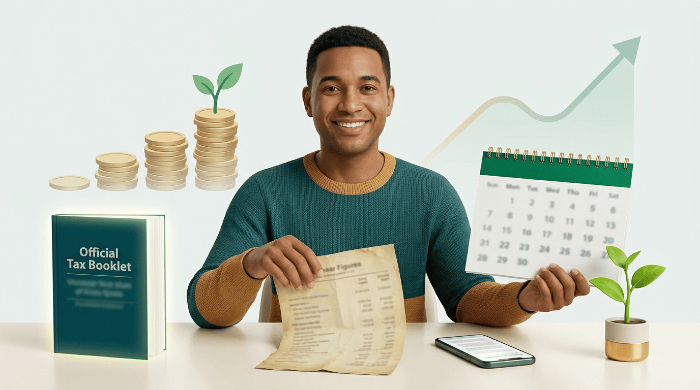Outdated printed figures set aside next to a current-year calendar and an official tax booklet