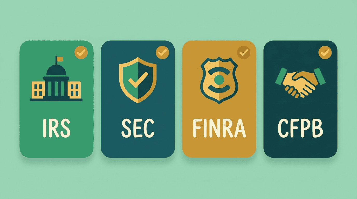 Four source cards labeled IRS, SEC, FINRA, and CFPB for verifying AI financial answers