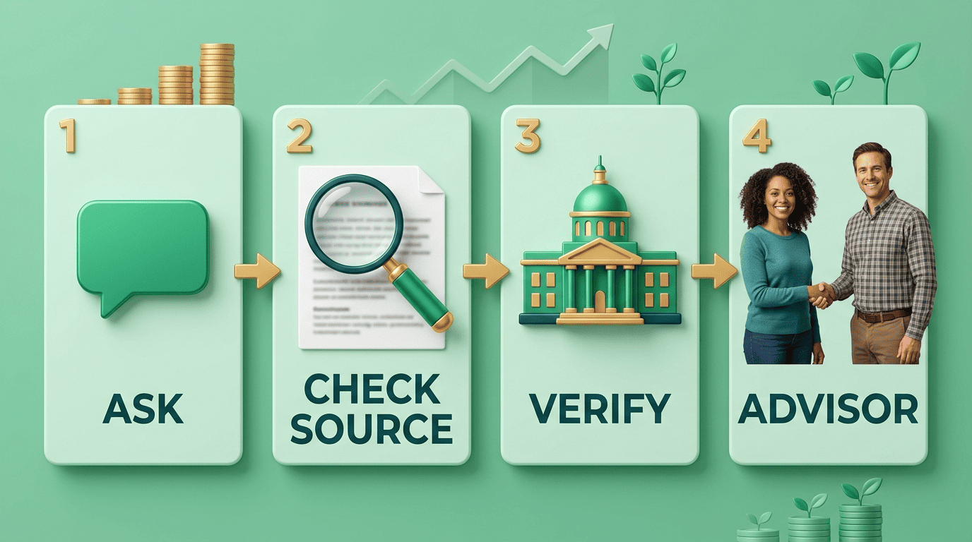 Four-step flow: ask, check the source, verify with a regulator, then consult an advisor