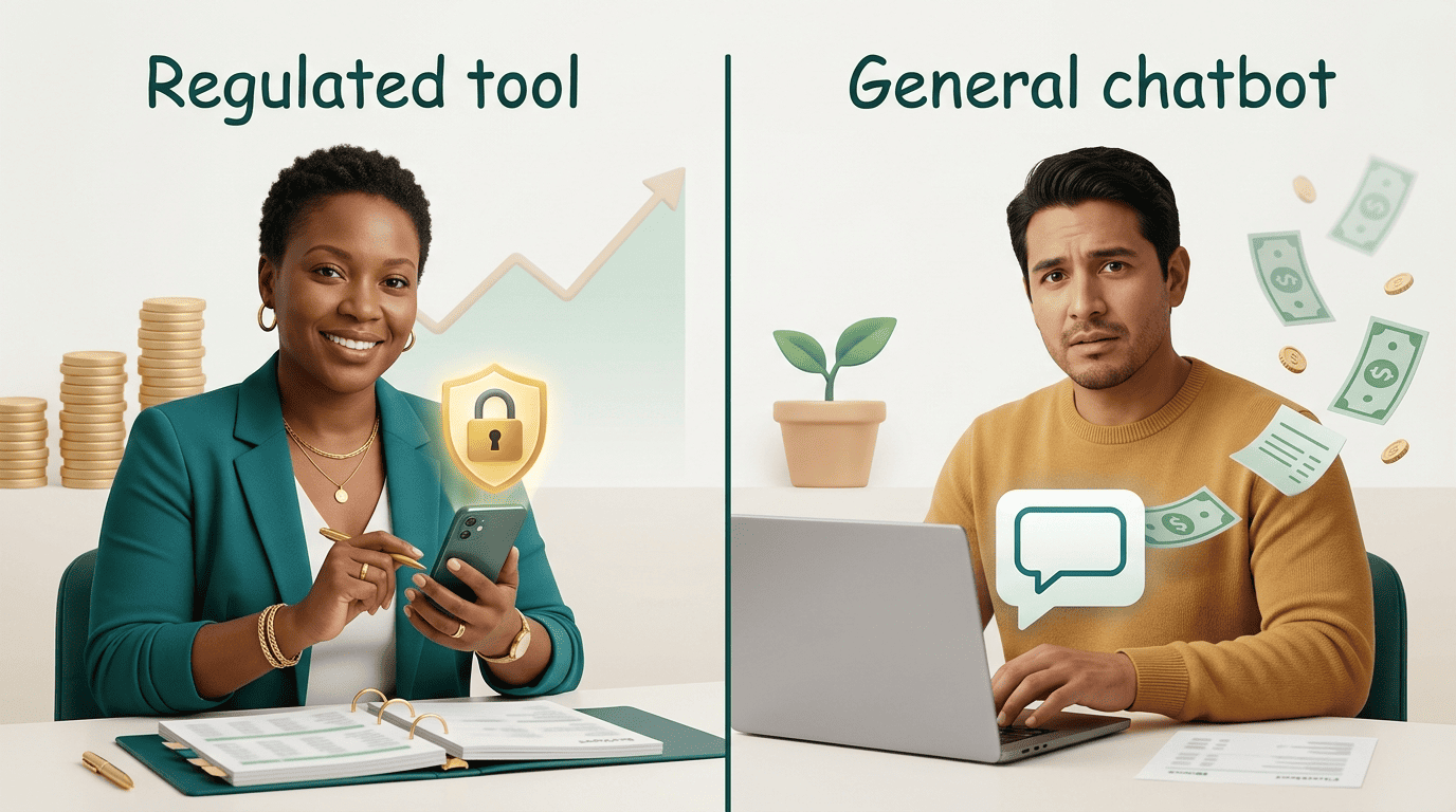 Split-screen comparing a regulated AI financial tool with a general-purpose chatbot