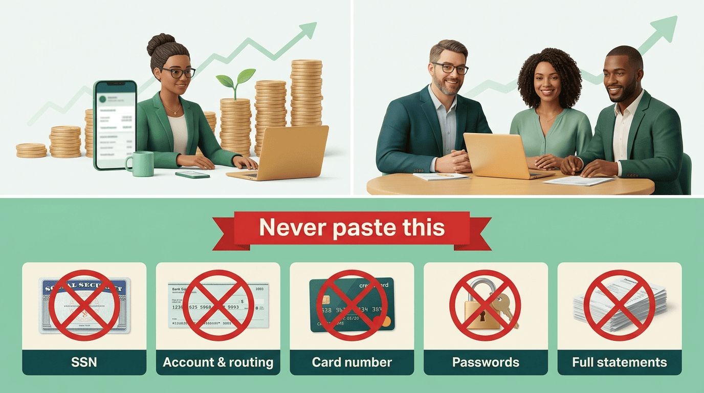 Never-paste checklist: SSN, account and routing numbers, card number, passwords, and full statements