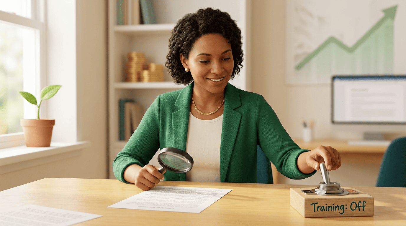 A person reviews a printed privacy policy with a magnifying glass and flips a switch labelled Training Off