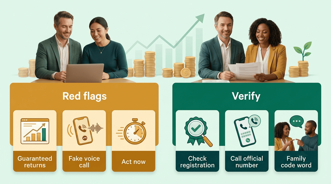 Red flags versus verify: guaranteed returns, fake voice call and act-now pressure beside check registration, call official number and family code word