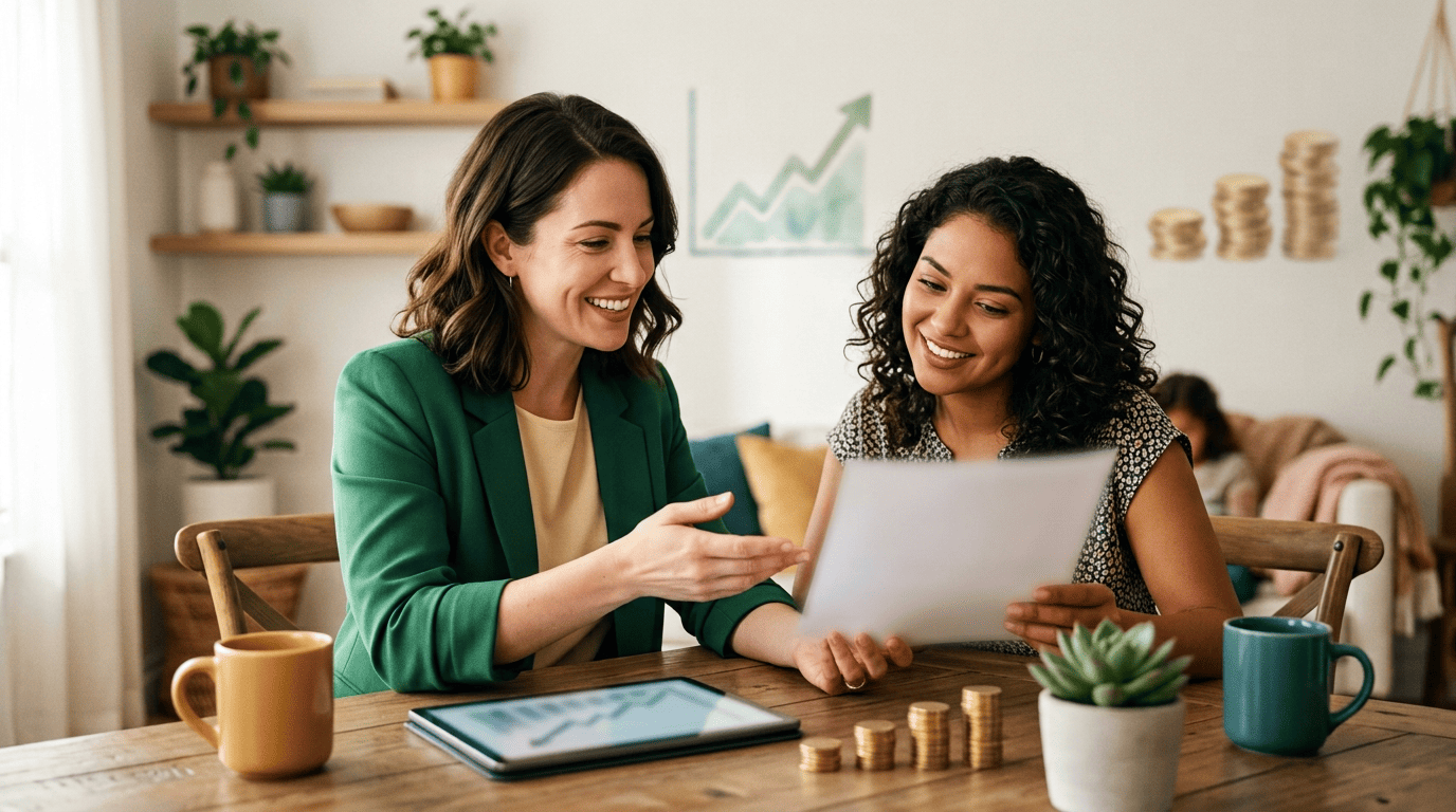 A personal-finance coach reviews a savings plan with a client at a home table