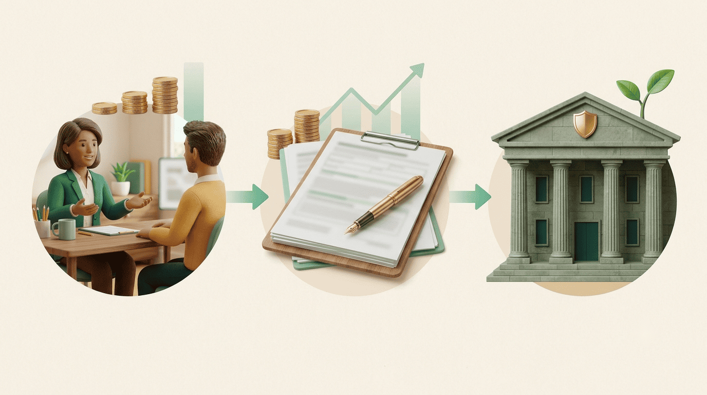 Three-step process: an adviser giving advice, registration paperwork, and a government oversight building