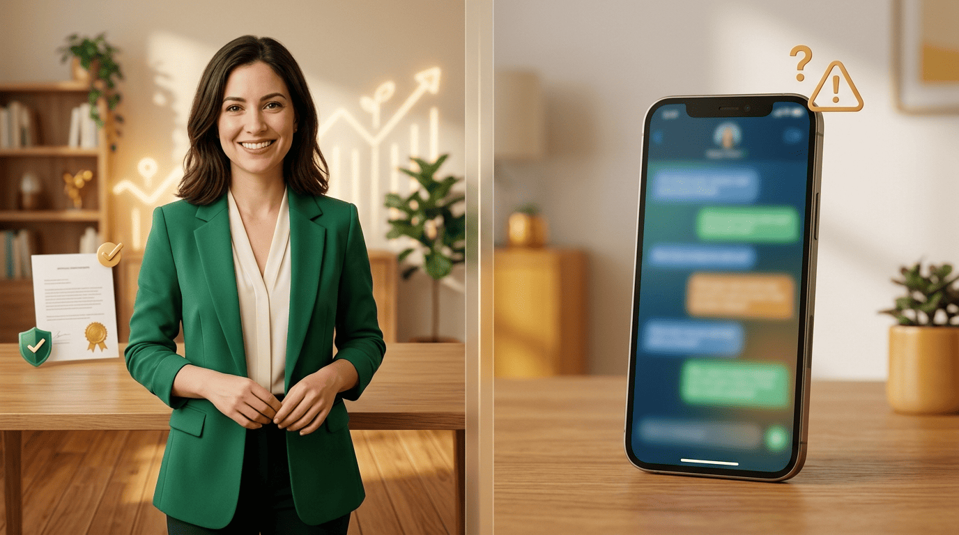 Split image comparing a registered human adviser with a warning-flagged AI chat app on a phone