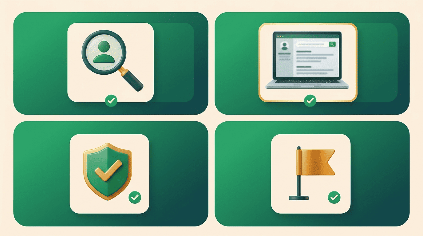 Four-icon checklist: magnifying glass, records search, verified shield, and a red flag