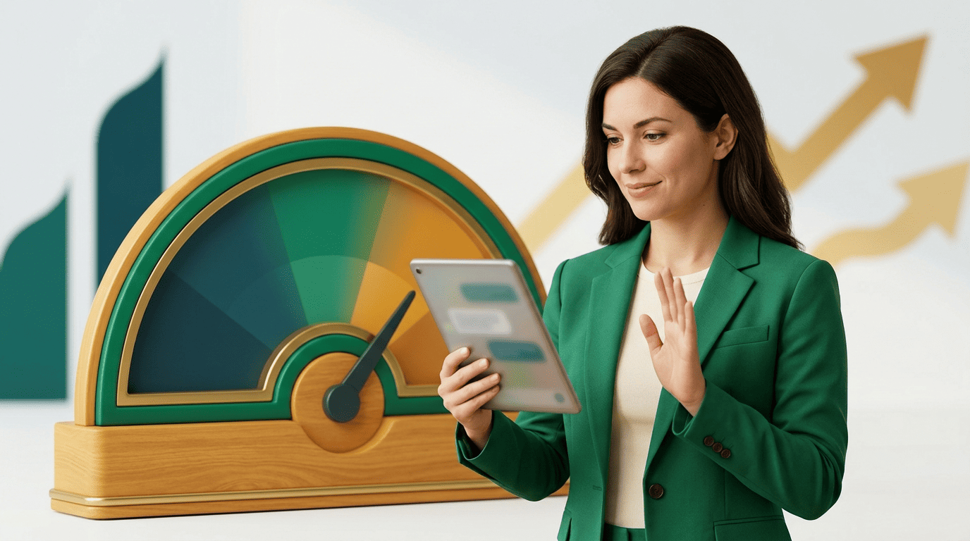 A finance coach pausing to verify an AI chat suggestion beside a reliability gauge