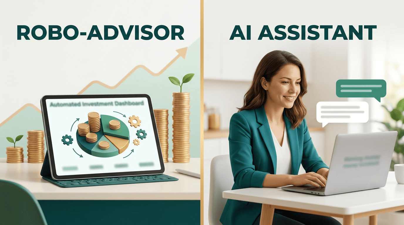 Side-by-side comparison of an automated robo-advisor dashboard and a person using a conversational AI money assistant