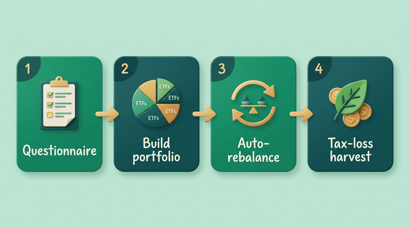 Four-step flow showing how a robo-advisor works, from questionnaire to tax-loss harvesting