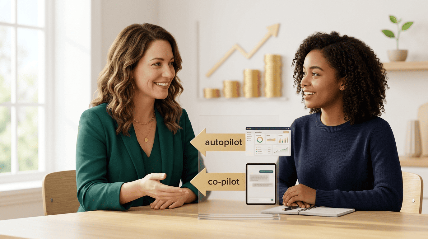 A financial mentor and a client discussing how to use an AI assistant and a robo-advisor together