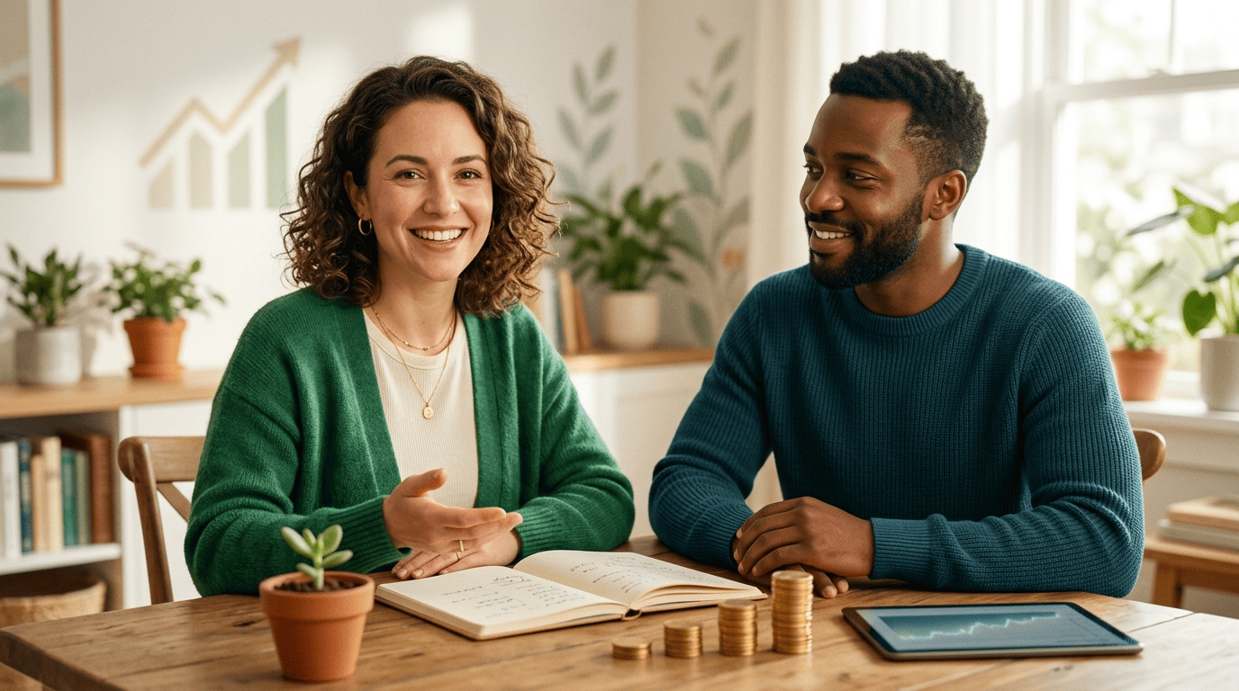 A financial mentor explains investing basics to a first-time investor at a home table with growth motifs