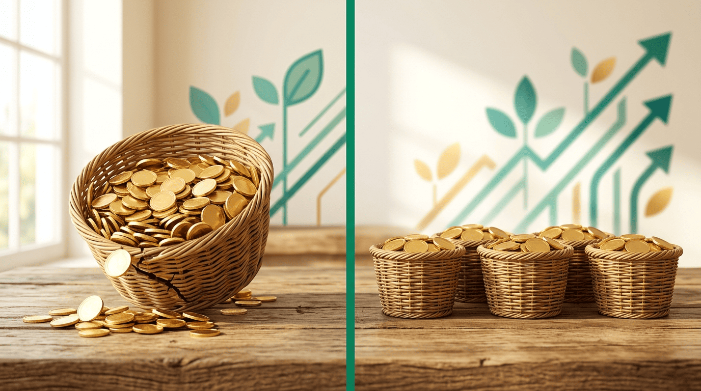 Split image comparing all coins in one cracking basket versus coins spread safely across several sturdy baskets