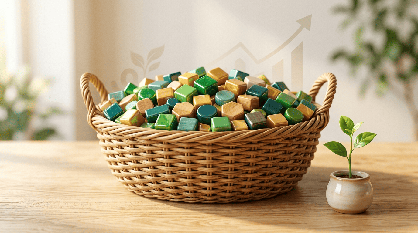 A single basket holding many diverse building blocks, symbolizing many companies inside one index fund or ETF