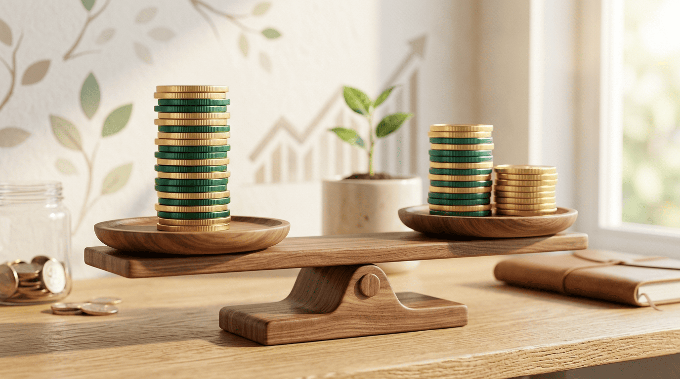 A balance scale holding different stacks of coins, representing a balanced mix of stocks, bonds, and cash
