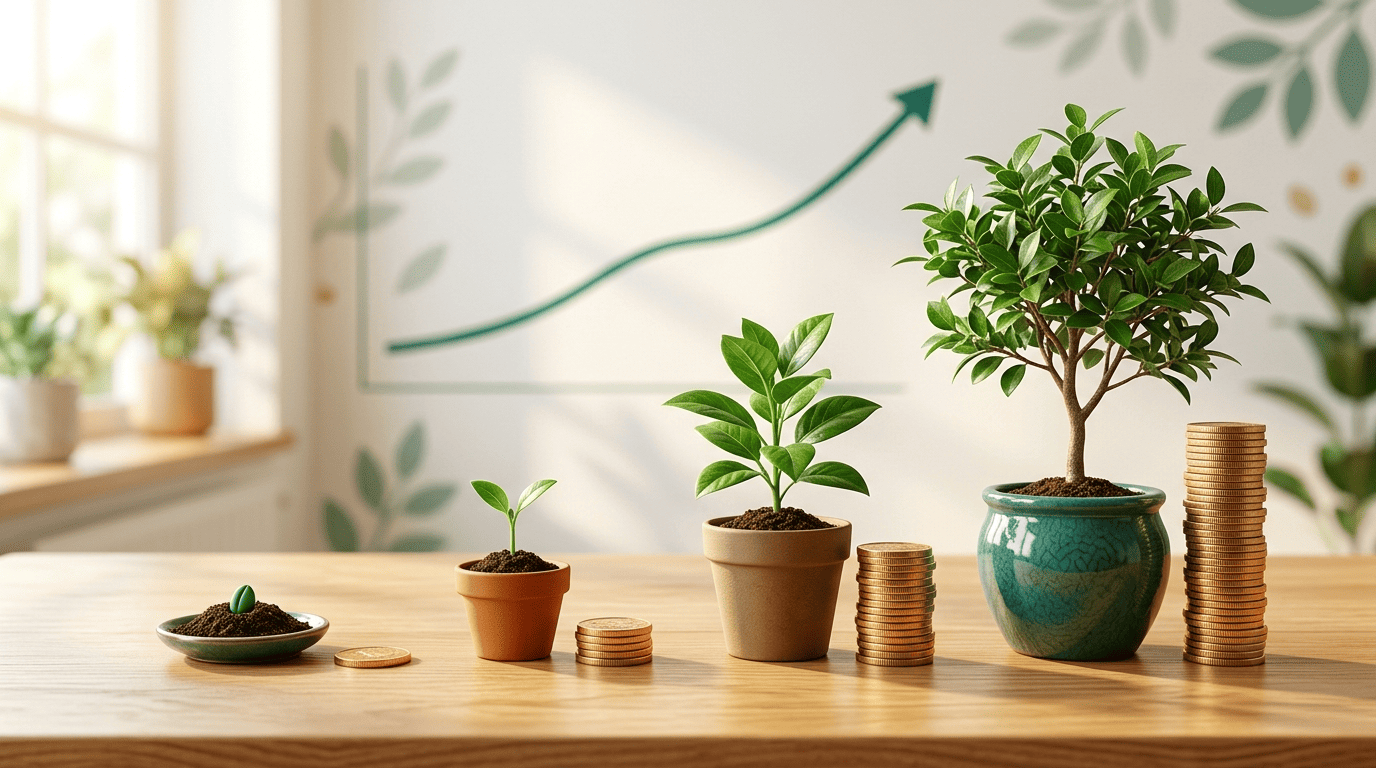 A seed growing into a small tree beside progressively taller coin stacks under a gently rising line graph