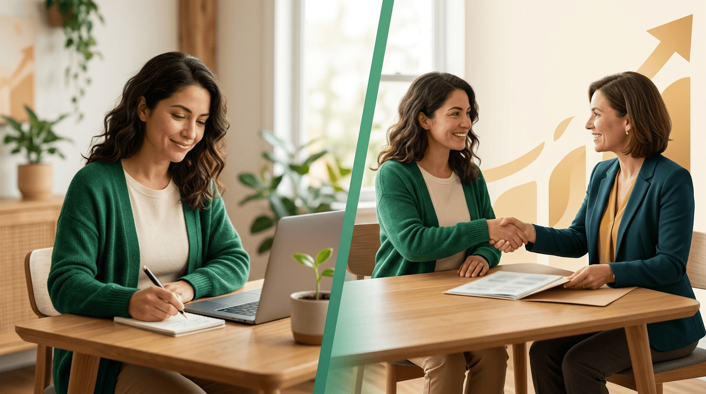 Split image: a woman learning at a laptop, then shaking hands with a licensed human financial advisor over a plan