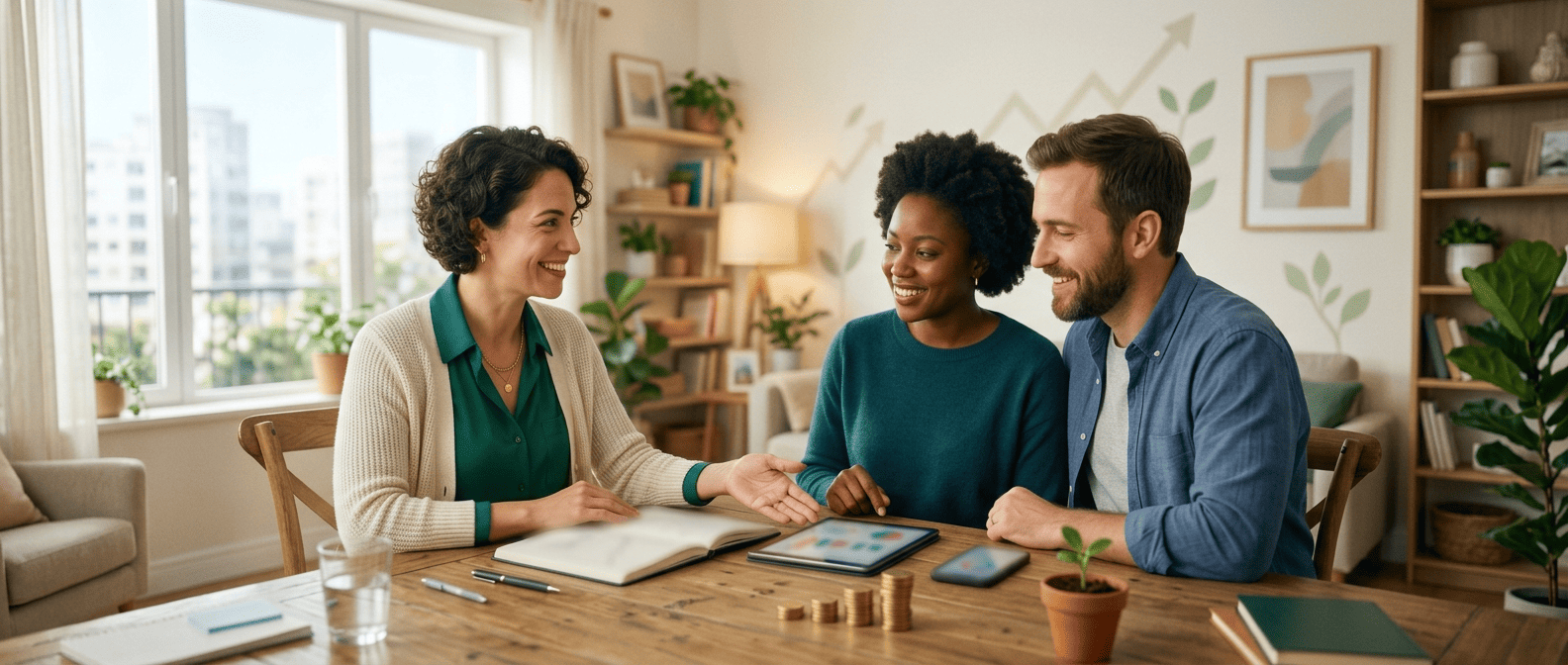 A financial coach helping a couple plan a budget with a tablet and notebook at a home table
