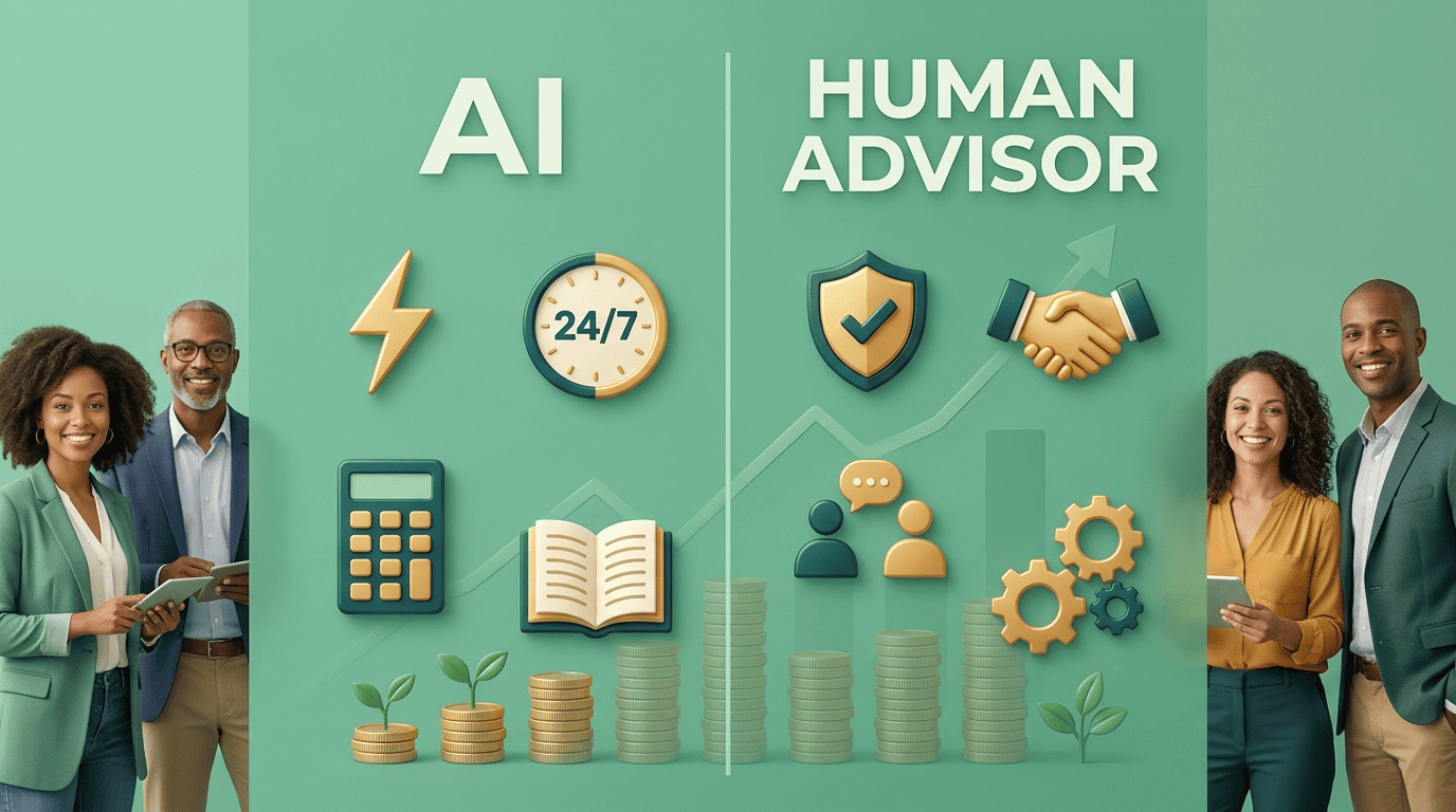 Split comparison of AI strengths (speed, 24/7, budgeting math, education) versus human advisor strengths (fiduciary duty, trust, judgment)