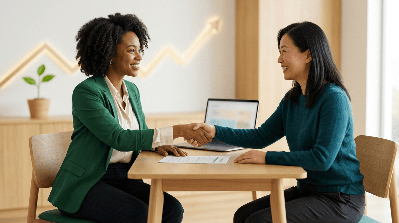 A licensed financial advisor shaking hands with a client over a printed plan