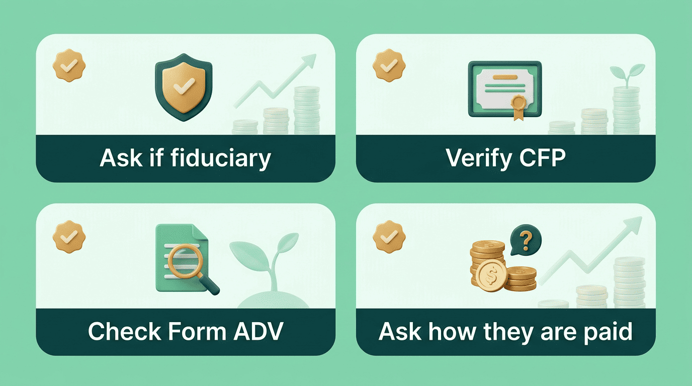 Checklist to vet any advisor: ask if fiduciary, verify CFP, check Form ADV, ask how they are paid