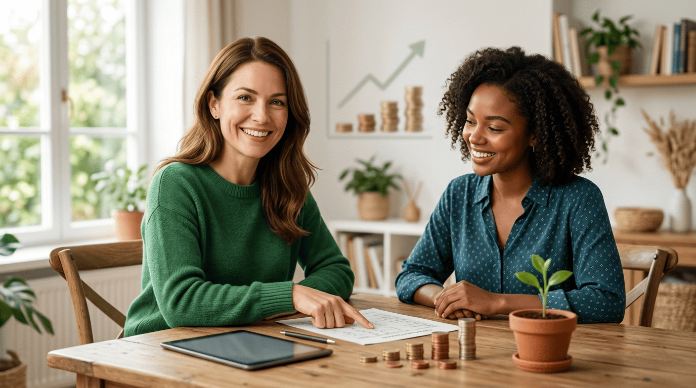 A friendly financial coach helping a client plan a household budget at a home table with coins and a growing plant