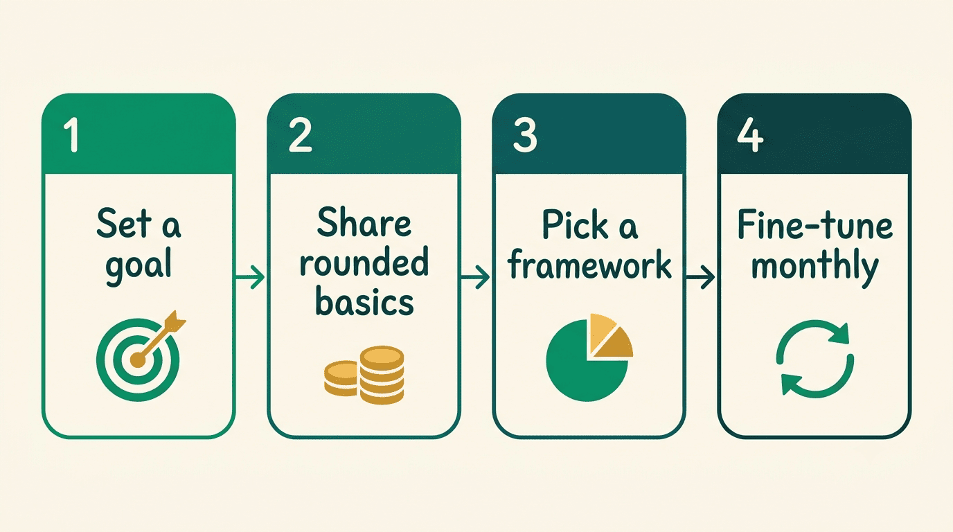Four-step flow for building a budget with AI: set a goal, share rounded basics, pick a framework, fine-tune monthly
