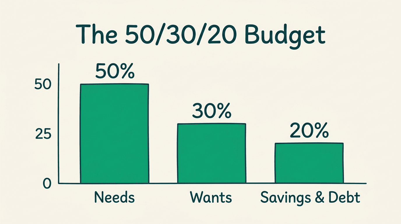 Bar chart of the 50/30/20 budget: 50% needs, 30% wants, 20% savings and debt