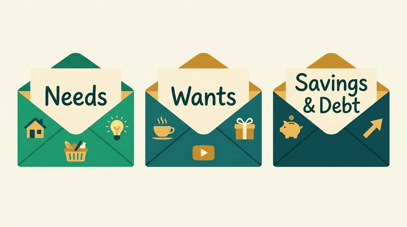 Three labeled envelopes sorting spending into needs, wants, and savings and debt