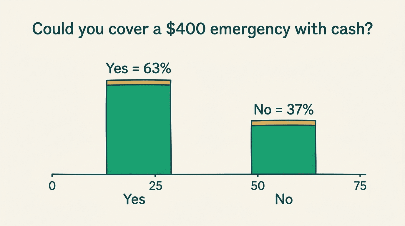 Bar chart showing 63% of adults could cover a $400 emergency with cash and 37% could not