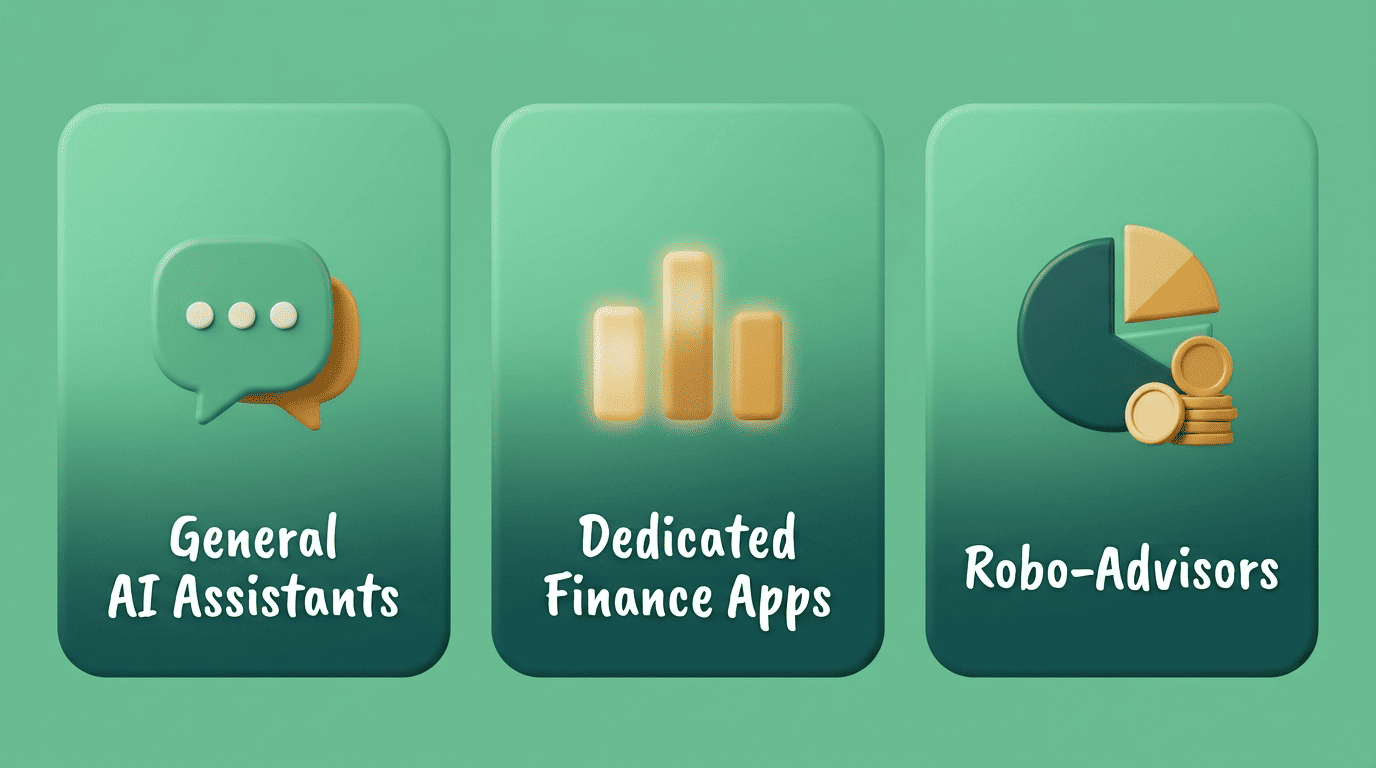 Diagram of the three categories of AI financial tools: general AI assistants, dedicated finance apps, and robo-advisors