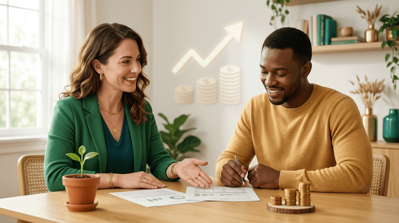 A financial coach reviewing a savings and budget plan with a client at a table