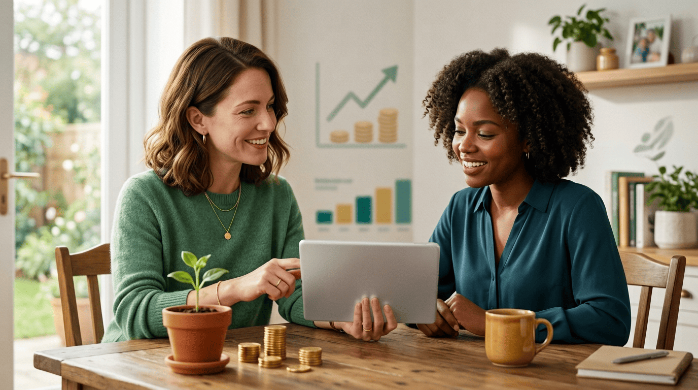 A money coach guiding a client through a budget on a tablet at a home table.