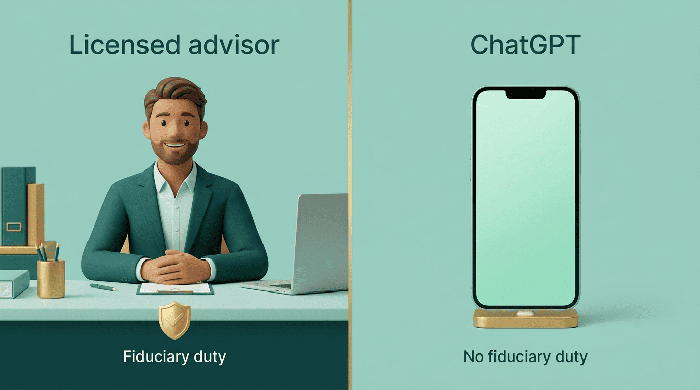 Split comparison of a licensed financial advisor versus ChatGPT on fiduciary duty.