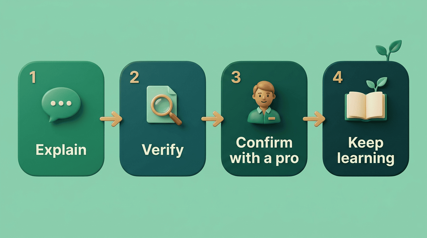 Four-step flow for using ChatGPT safely as a money tool.