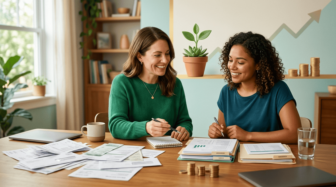 Financial coach and client sorting bills into an organized debt payoff plan at a home table