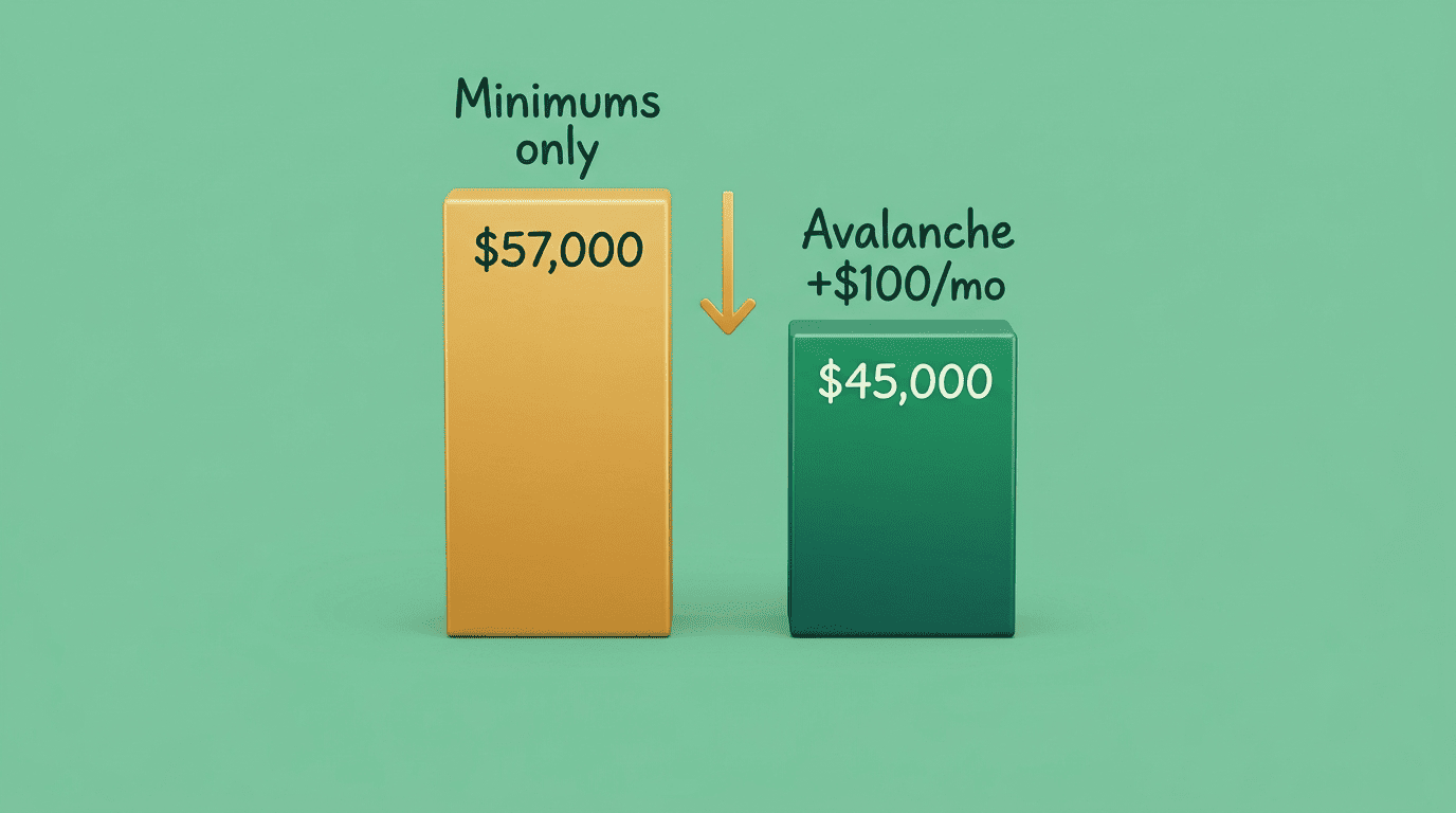 Bar chart comparing total interest paid: minimums only versus avalanche with an extra $100 a month