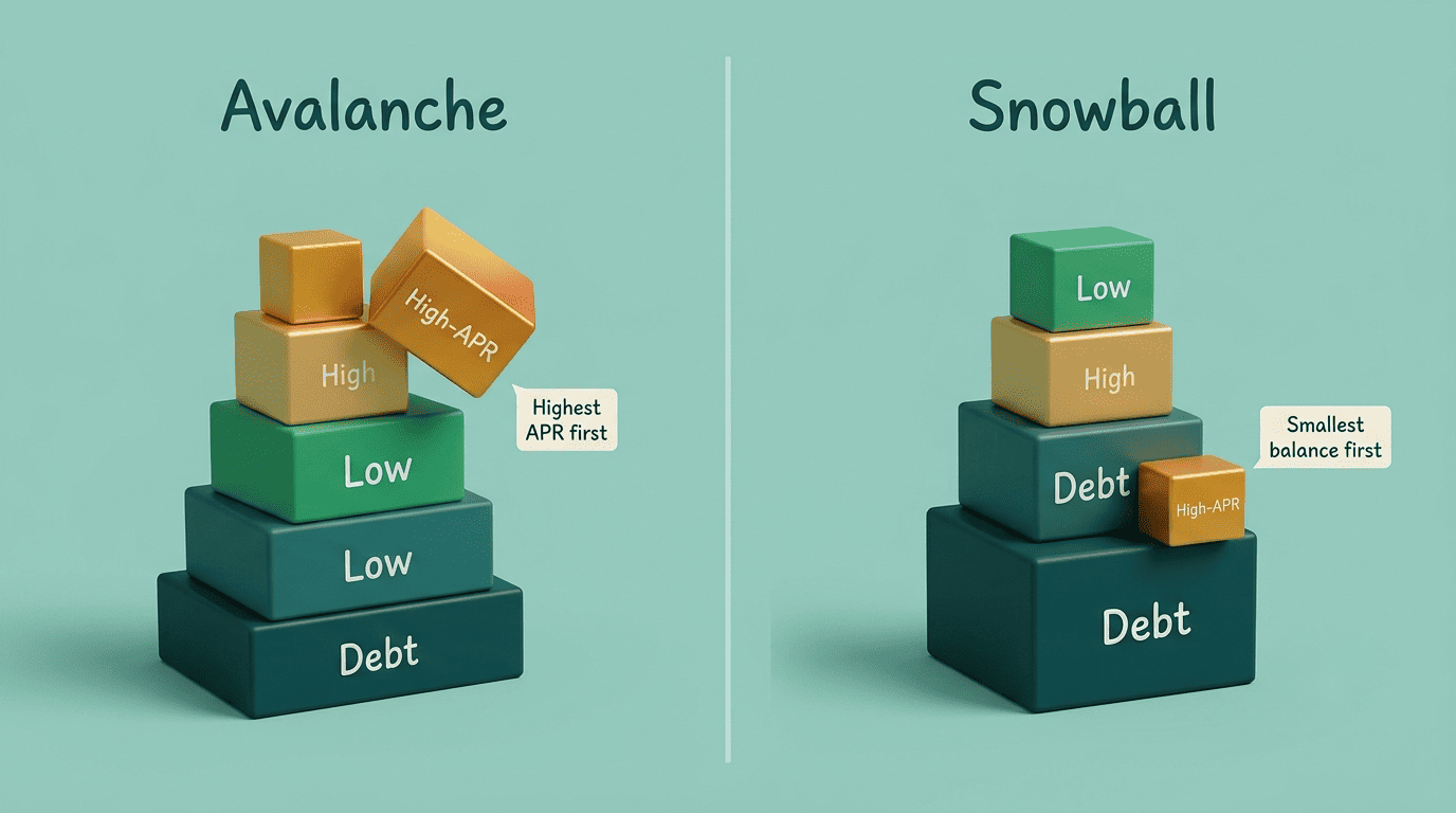 Split infographic comparing the debt avalanche and debt snowball payoff orders