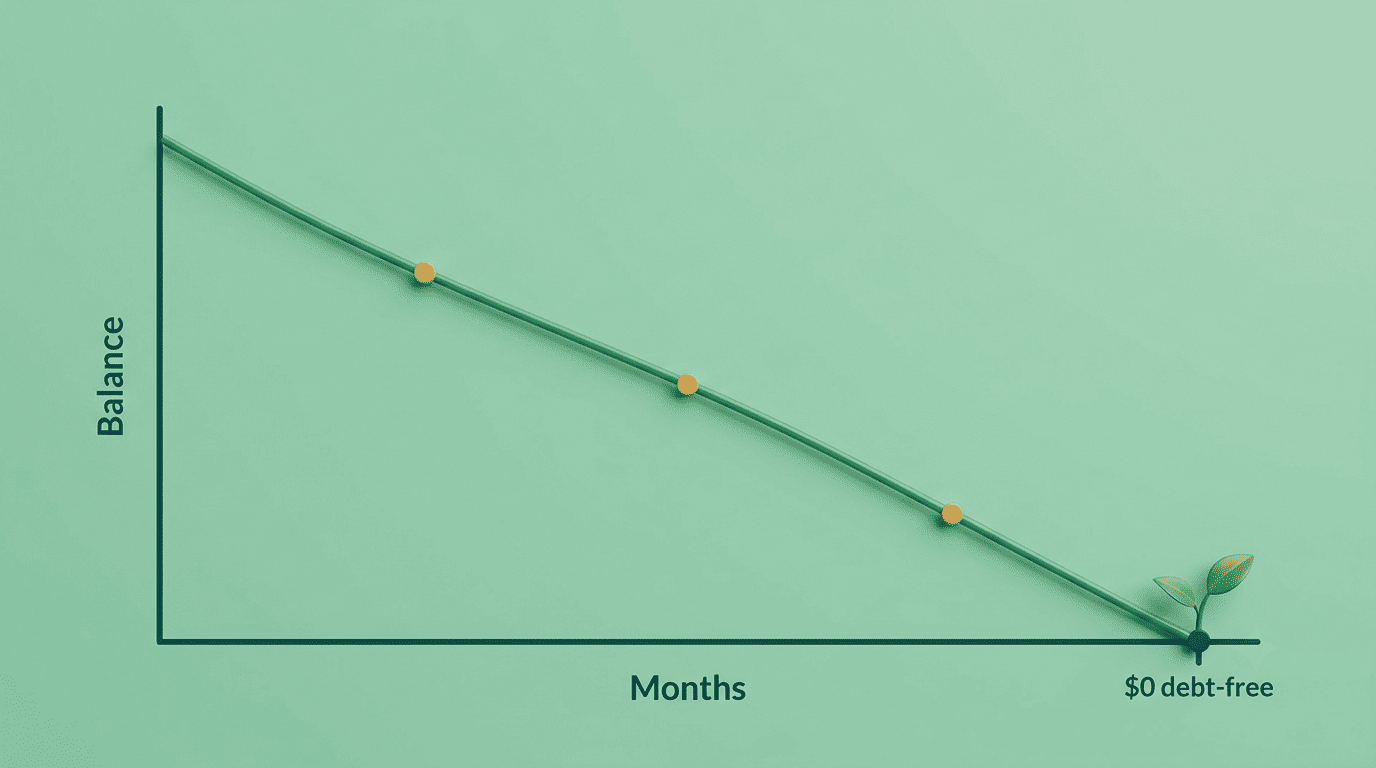 Line chart of a debt balance declining over months to a debt-free zero