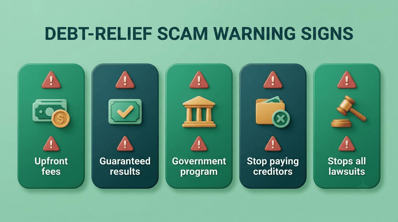 Five-card checklist of debt-relief scam warning signs