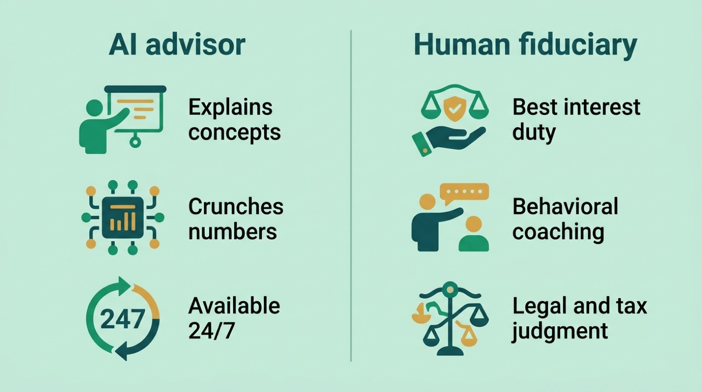 Side-by-side of what an AI advisor and a human fiduciary each do best