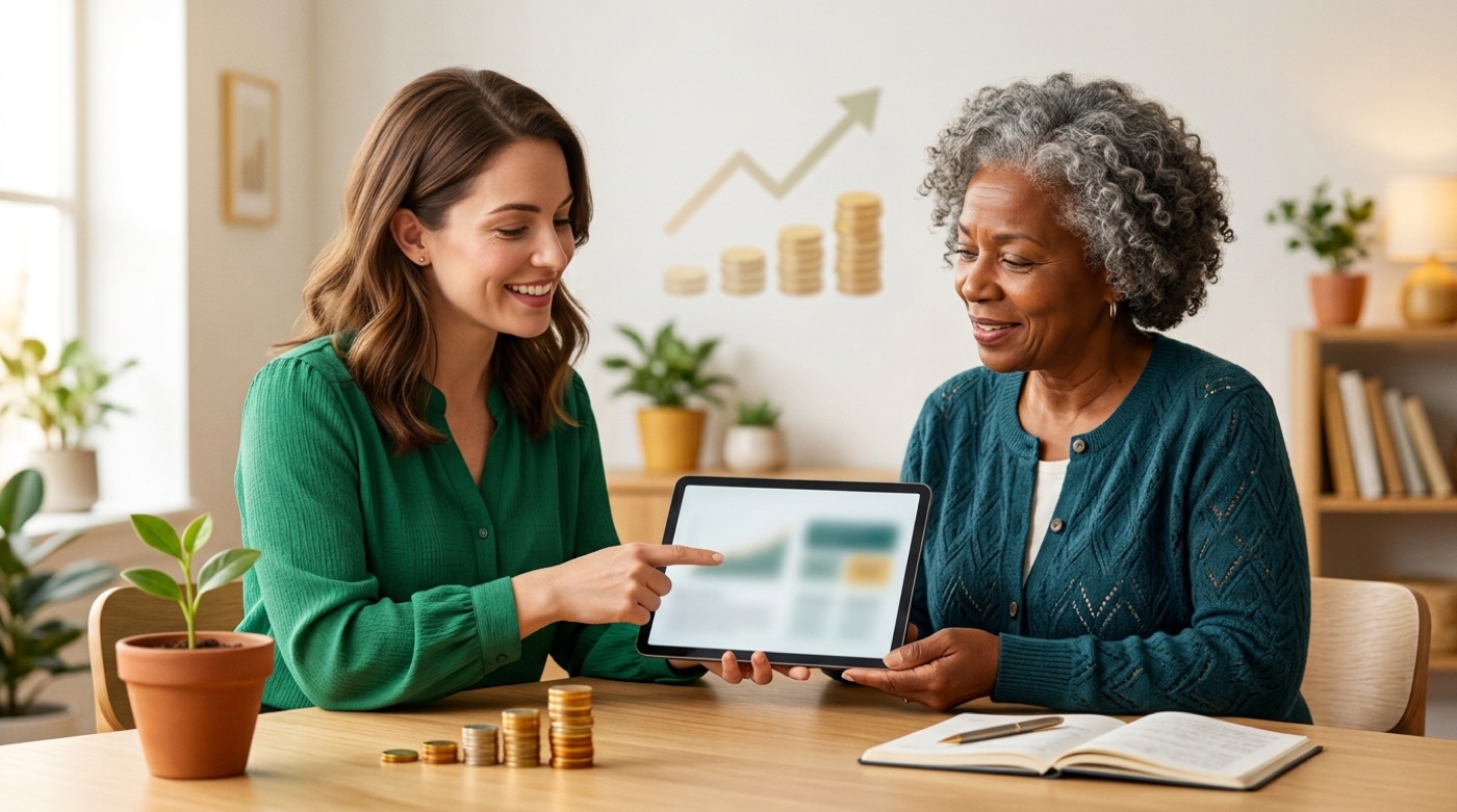 An AI money coach helping an older client read a retirement plan on a tablet